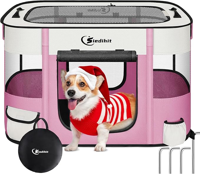 Dog Playpen,Cat Pet Puppy Pen,Portable Playpens for Dogs Indoor Outdoor Travel Camping Use,Foldable Dog Kennel Tent Crate for Rabbit Small Animals with Carrying Case (Pink, Large)