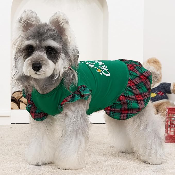 XPUDAC 4 Pack Christmas Dog Dress Plaid Puppy Clothes for Small Dogs Girl Cute Pet Outfit Doggy Apparel Cat Holiday Party Costume, Red, Green, M