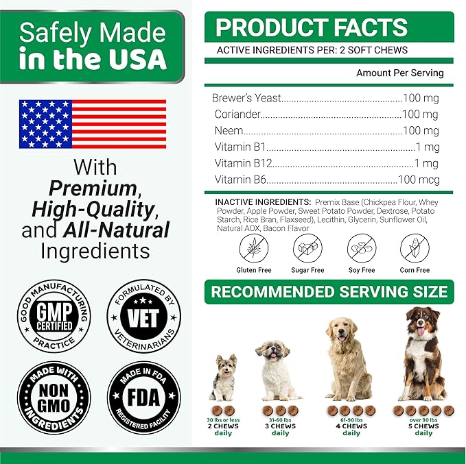 Flea and Tick Prevention for Dogs Chewables - 170 Treats - Natural Dog Flea and Tick Treatment Chewable Supplement - Oral Pills - All Breeds & Ages - Soft Chews - Made in USA - Bacon Flavor