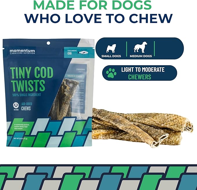 Momentum Carnivore Nutrition Tiny Cod Twists Dog Chews – Single Ingredient Icelandic Cod Skin Treats – Natural Dental Support, High-Protein Fish Chews – 3.1 oz Bag