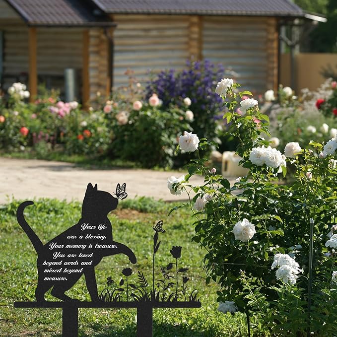 Memorial Pet Grave Markers, Metal Cat Garden Stake Plaque Cemetery Outdoors, Waterproof Pet Headstone Memorial(13.4 X 12 in)