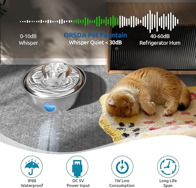 ORSDA Cat Fountain Pump for D36/D66 Cat Water Fountain with Level Window, LED Light, Replacement Motor for Stainless Steel Cat Dog Water Dispenser
