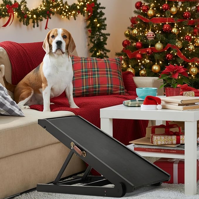 SLSY Dog Ramp for Bed, Couch & Car, Foldable Pet Ramp for Small Dogs and Cats, 4 Adjustable Heights 13.7''–19.6", Portable Stable Wooden Pet Steps with Non-Slip Pad for Sofa or Stairs
