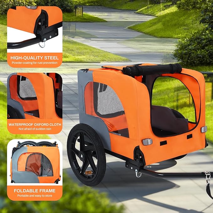Pet Bike Trailer,Dog Bike Trailer for Small and Medium Pets,Up to 88lbs Easy Folding Cart Frame Quick Release Wheels,Non-Slip Floor,Internal Leash