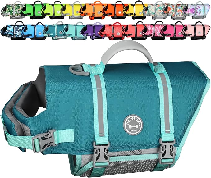 VIVAGLORY Rip Stop Dog Life Vest, Swimming Vest with Handle, Buoyancy for Doggy Puppy, Dog Life Jacket for Swimming & Boating, XS, Turquoise