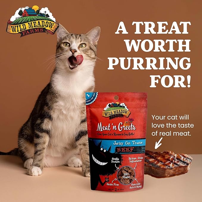 Wild Meadow Farms - Cat Treats - Meat 'N Greets - Soft Jerky Treats with Real Meat, High Protein, Grain-Free, Perfect for Training & Rewarding, All Natural Snacks for Cats - Beef Flavor