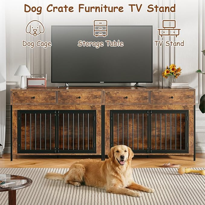 PUKAMI 44inch Large Dog Crate Furniture with Drawers, Wooden Dog Kennel Furniture for Indoor use, Brown End Table Dog House, for Small/Medium/Large Dog
