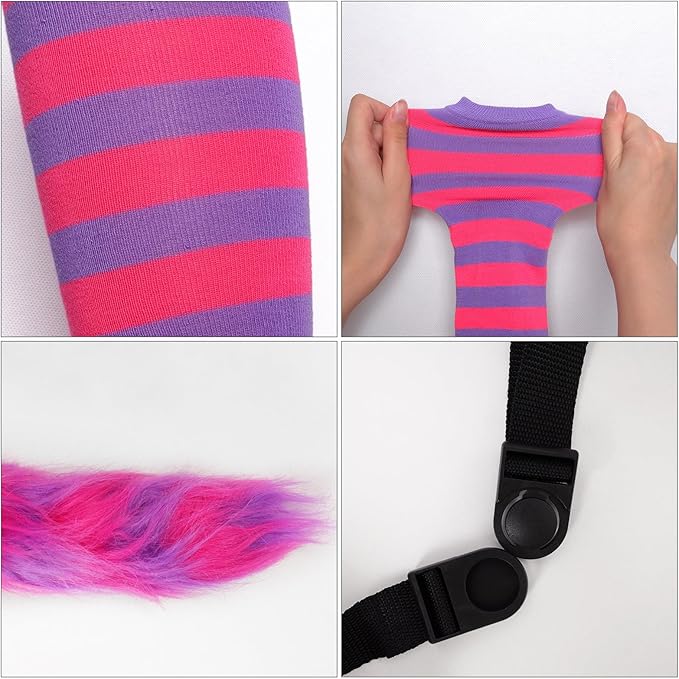Fumwase Pink Purple Striped Cat Costume Set - Ears, Necklace, Furry Tail, Striped Gloves, Socks - Women's Cosplay Halloween