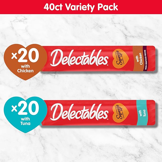Delectables Squeeze Up Variety Pack, Creamy Squeezable Puree, Lickable Wet Cat Treats, Grain-Free, No Added Fillers, 0.5 Ounces Tube, 40 Tubes Total