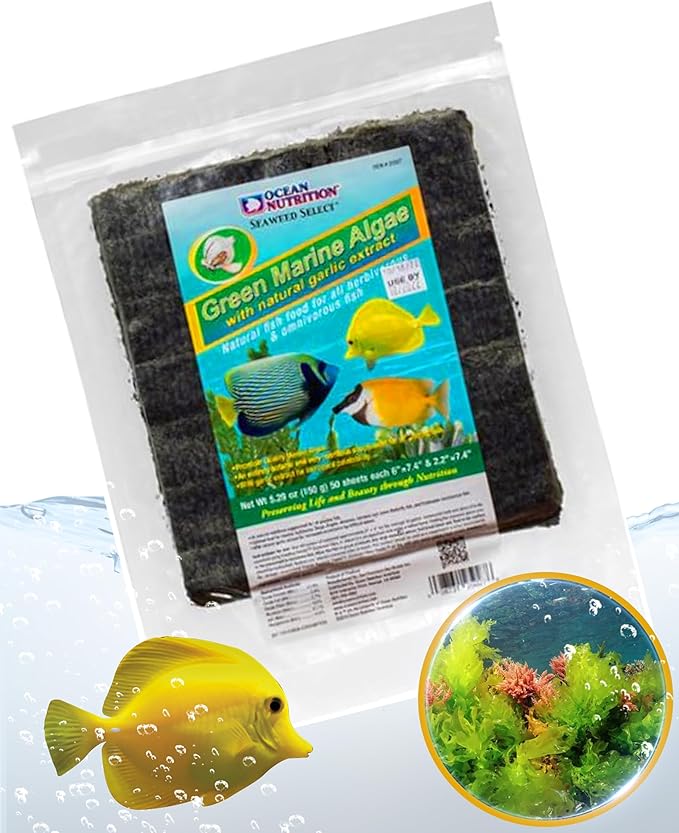 Ocean Nutrition Seaweed Select Green Marine Algae - Nutritious Fish Food for Herbivorous Marine Fish, Live Fish & Invertebrates - Natural Seaweed Sheets with Garlic Extract - 50 Sheets, 5.29 oz (150g)