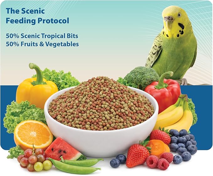Scenic Tropical Bits Small Pet Bird Food - 1.75 lb Bag - 1/8" Bird Pellets - Complete Nutrition for Cockatiels, Budgies, Lovebirds, Conures & Lories