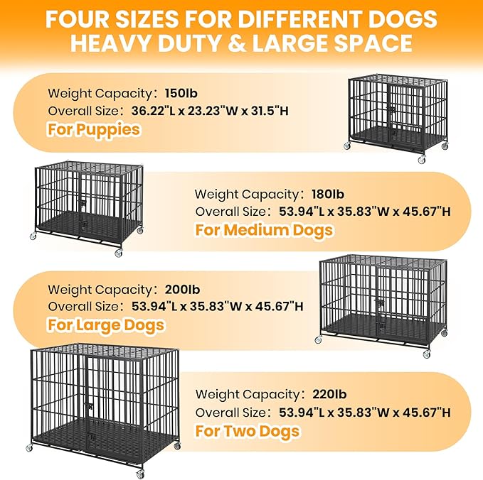 54 Inch Heavy Duty Dog Crate with Wheels, Escape Proof Metal Kennel with 3 Doors & Removable Tray for Large Medium Dogs, Black