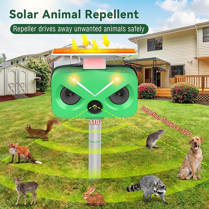 Solar Ultrasonic Animal Repellent, Waterproof Cat Deterrent Outdoor with LED Flashing Repel for Cats, Dogs, Deer, Rabbits, Squirrels, Skunks, Raccoons, etc.