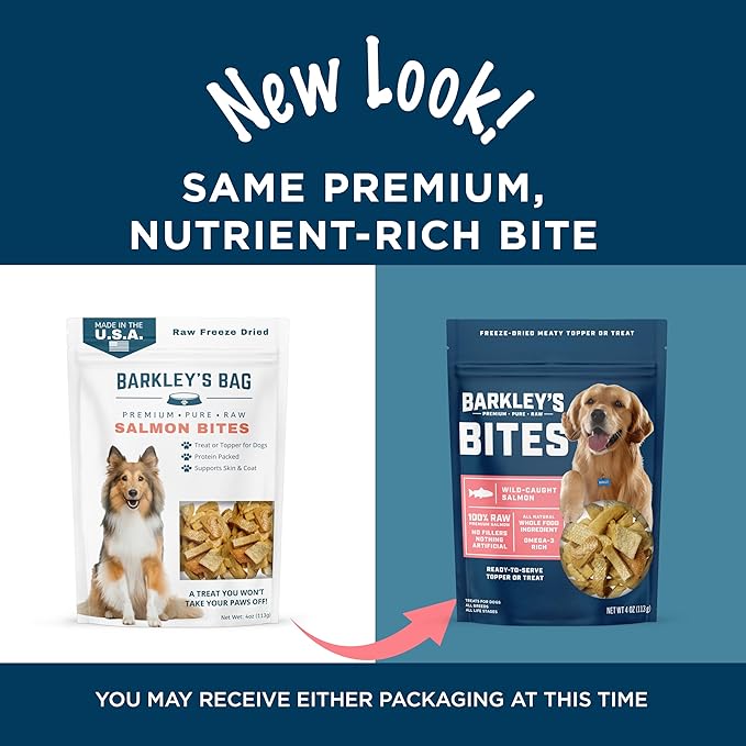 Barkley’s Bag Salmon Bites, Freeze Dried Dog Treats and Food Topper, Protein Packed, Made with Wild-Caught Salmon, Bite-Sized Whole Pieces for Training Rewards, American Made Dog Snacks, 4 Oz Bag