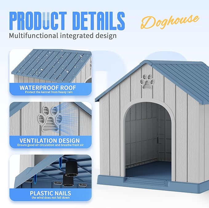 DRATO Large Dog House Indoor Outdoor Waterproof,Puppy Shelter with Air Vents and Elevated Floor,Sturdy Dog Kennel for Small to Large Sized Dogs, Easy to Assemble (Blue, 38.62×36.26×38.07 Inches)