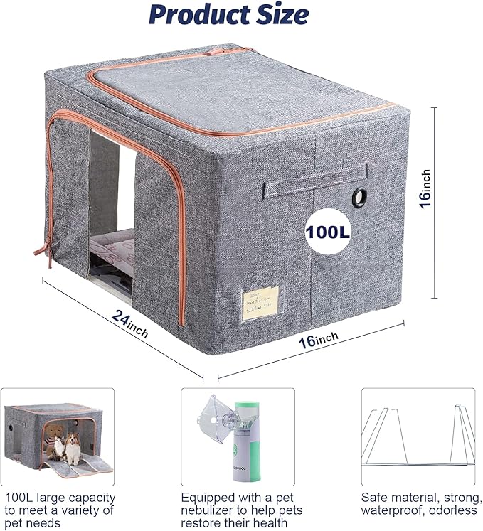 Pet Oxygen Chamber, Pet Incubator, Small Animal Nebulizer Box, Pets Delivery & Feeding with Padded Cotton, Pets Nebulizer Accessories for Dogs, Cats, Puppies, Kittens(100L)