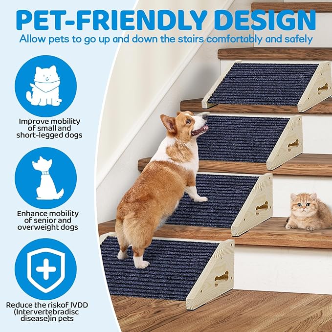 Extra Wide Dog Ramps for Stairs, Wooden Pet Ramp Stairs for Small Medium Dogs, Non-Slip Dog Pet Steps for Any Staircase, Stair Ramp for Injured Dogs with Anti-Slip Strip, 4 Pack