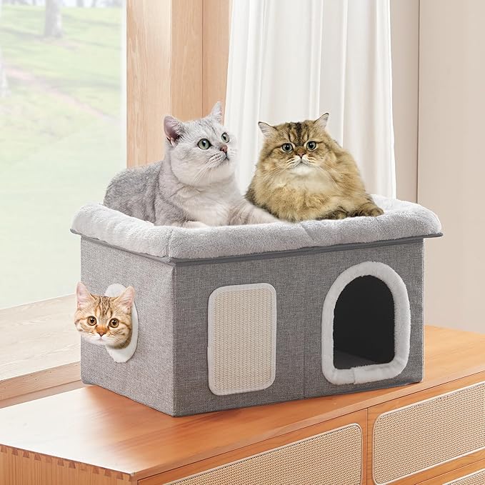 WINDRACING Cat Beds for Indoor Cats - Extra Wide Cats House for Pet and Foldable Kitten Cave Bed with Scratch Pad, Cat Hideaway Condo for Kitten, 23.4x15.9x13.2 inches, Light Grey