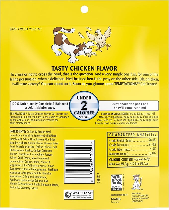 Temptations Cat Treats Classic Crunchy and Soft Cat Treats, Tasty Chicken Flavor, 6.3 oz. Pouch (Pack of 10)