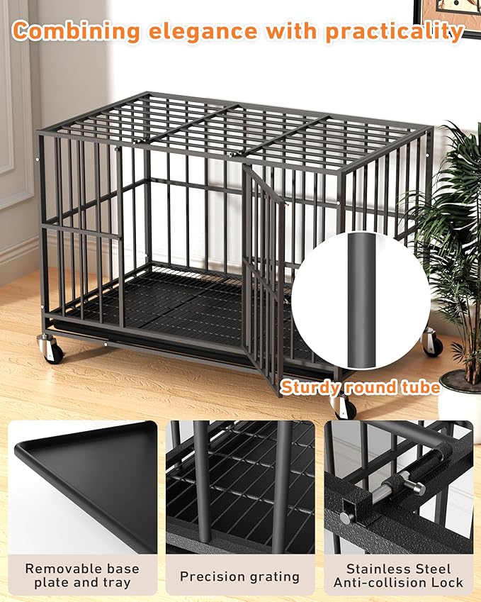 42 inch Heavy Duty Dog Crate with Dual Doors and Lockable Wheels, Large Dog Kennel Indoor, Removable Tray for Easy Cleaning, Dog Cage for Medium to Large Breeds and Anxious Dogs