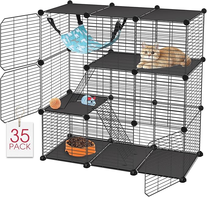 Cat Cage, 3-Tier DIY Catio Cat Enclosures, 36" x 16" x 36" Cat Playpen Indoor & Outdoor with Hammock, Detachable Metal Wire Kennel Cats Crate, 3x1x3 Exercise Place for 1-2 Kitten/Squirrel