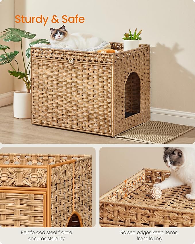 Feandrea Cat Litter Box Enclosure, Handwoven Rattan Hidden Litter Box Furniture with Extra Litter Mat, Removable Washable Tray, Boho Cat House, End Table, Goose Yellow UPCL014K01