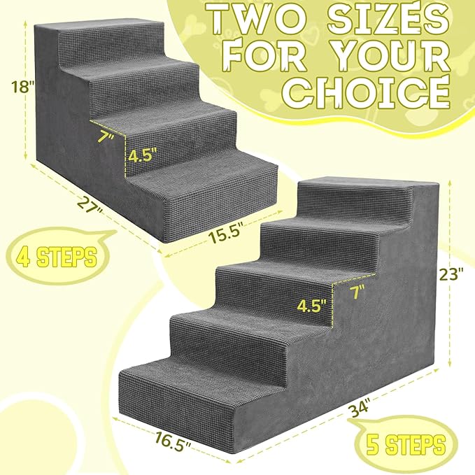 Niubya Dog Stairs for Small Dog and Cats,23”H Non-Slip Bottom Pet Steps for High Beds and Couch,Extra Wide High-Density Foam Pet Stairs Grey,5 Steps