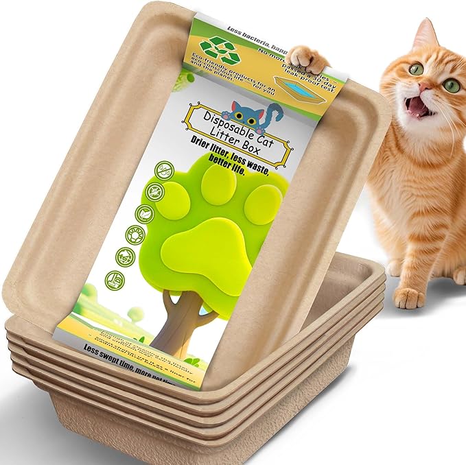Disposable Litter Boxes for Cats Large: 6-Pack Leak-Proof Sustainable for Indoor/Travel Use Standalone or as Liner 17.5'' x 13.5''