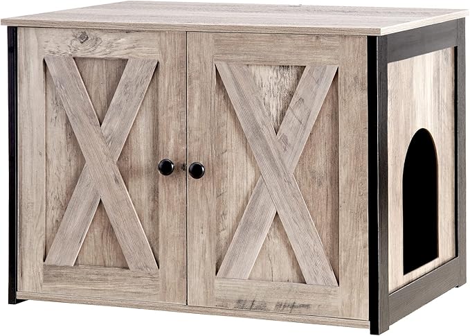 Dwanton Litter Box Enclosure, Cat Litter Box Furniture Hidden, Reversible Entrance Can Be on Left or Right Side, Wooden Cat Washroom Indoor, Greige, 27.6 Inches