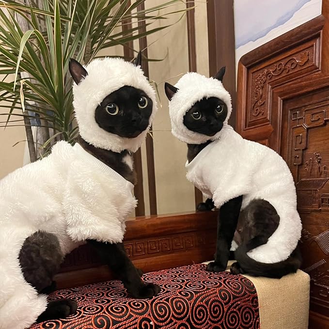 Warm Fleece Lined Winter Clothing for Sphynx & Devon Rex Cats | Soft Faux Lamb Wool | Cozy and Comfortable (Sheep Costume,L 2.5-3.5 kg.)