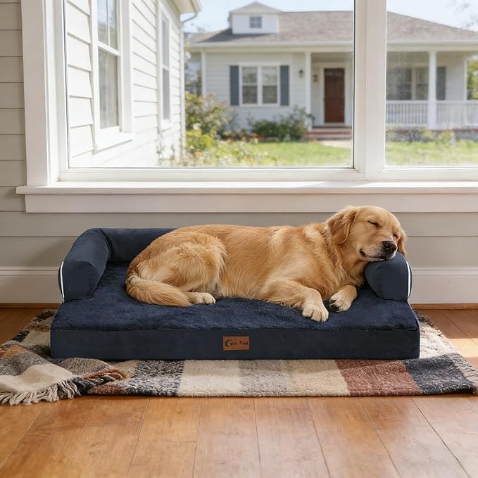 Orthopedic Dog Beds for Extra Large Dogs, Waterproof Egg Crate Foam XL Dog Bed with Sides 45x35Inch, Big Dogs Couch Beds with Removable Washable Cover and Nonskid Bottom, Navy Blue