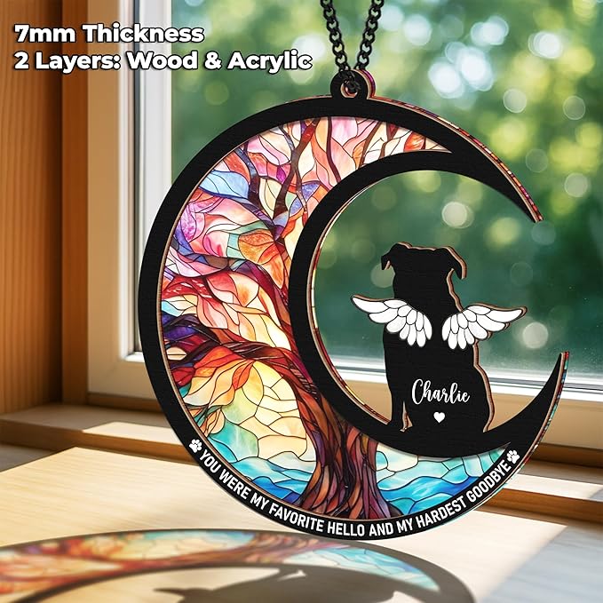 Personalized Angel Dog Memorial Suncatcher, Engraved Pet Memorial Ornament, Pet Sympathy Keychain, Loss of Animal Sympathy Card, Rainbow Bridge Dog Loss Gift, Bereavement Suncatcher Hanging