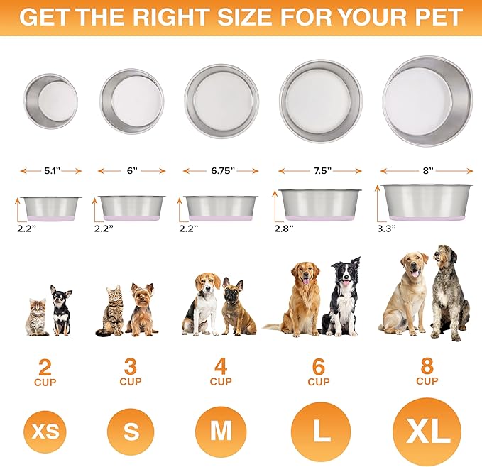Neater Pet Brands Stainless Steel Dog Bowls with Non-Slip Rubber Bottom – Set of 2, 6 Cup (48 oz), Pink - Heavy Duty Metal Dog Bowl, Dishwasher Safe, Food or Water Bowl, Ideal for Large Dogs
