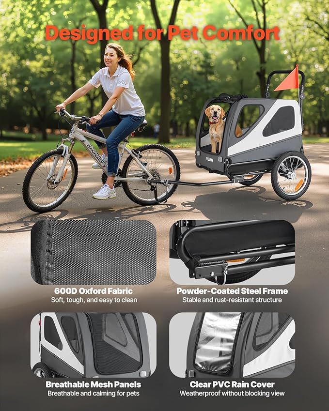 VEVOR Dog Bike Trailer, Supports up to 66/88/100 lbs, 2-in-1 Pet Stroller Cart Bicycle Carrier, Easy Folding Cart Frame with Quick Release Wheels, Universal Bicycle Coupler, Reflectors, Flag