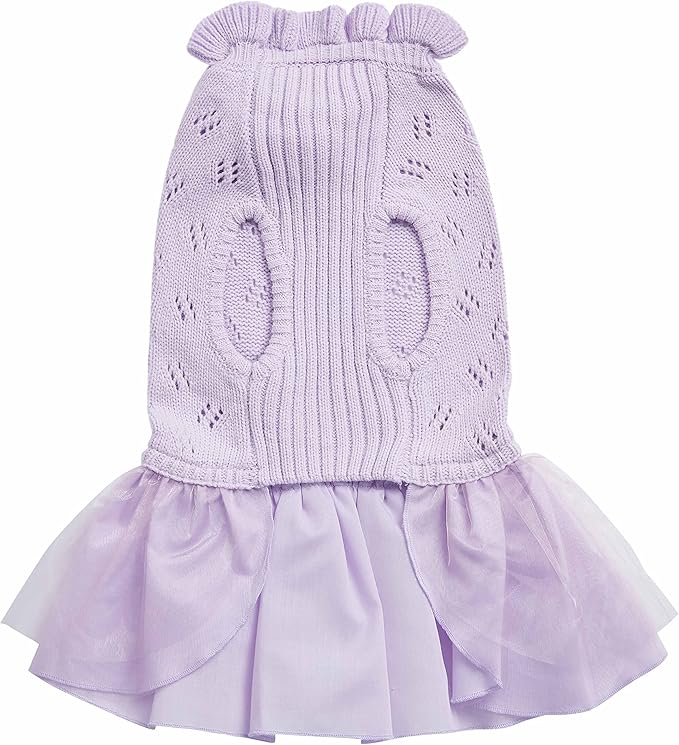 Blueberry Pet My Cutie Princess Ruffle Collar Dog Sweater Dress with Layered Tulle, Light Lavender, Back Length 14", Fall Winter Clothes for Girl Dogs