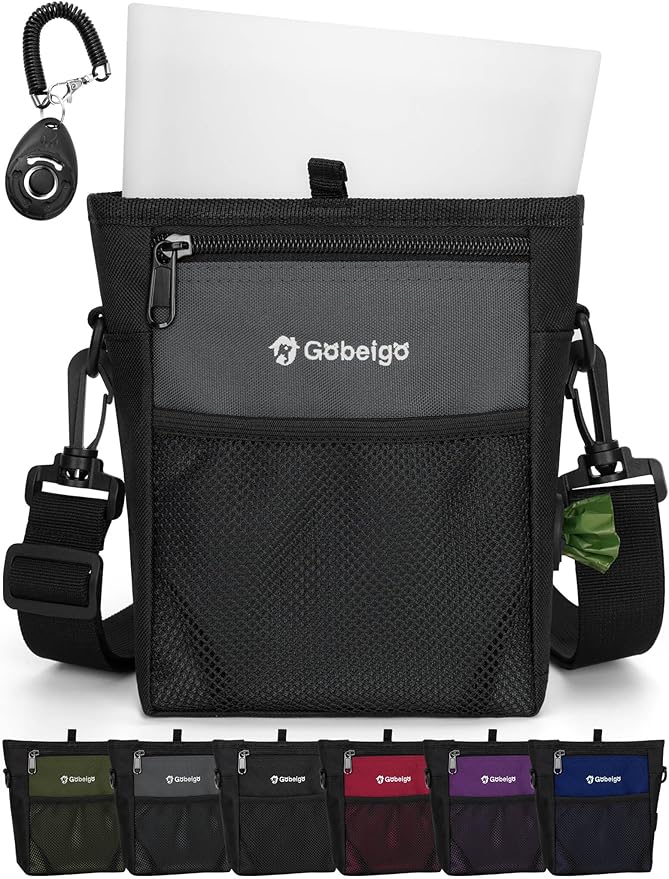 Gobeigo Dog Treat Pouch with Silicone Snack Bag, Front Pocket fits All Phones, 4 Cup Treat Bag with Training Clicker, Upgrade Stronger Magnetic Closure, 3 Ways to Wear Walking Fanny Pack (Gray)