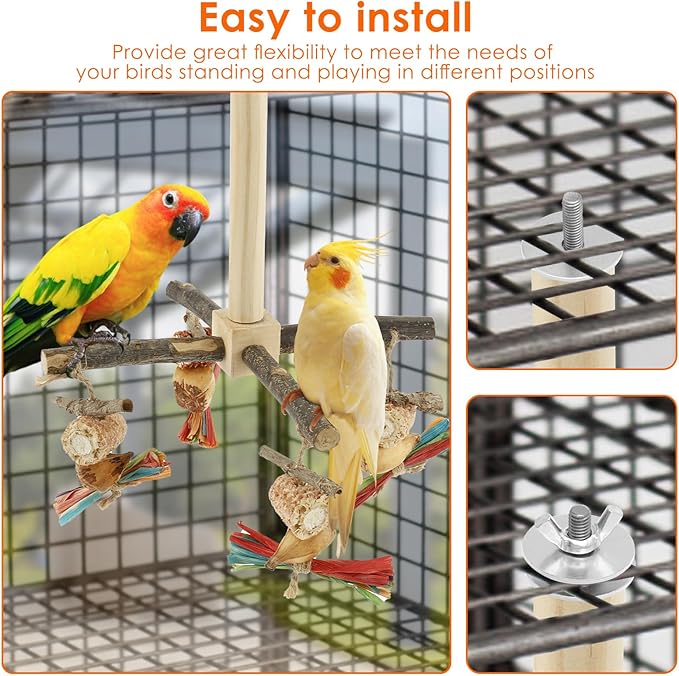 Agape Rotating Parrot Perch Toy with Chew Toy - Natural Wooden Perch Stand, 360° Rotatable Parrot Exercise Standing Perch, Bird Cage Accessories for Small and Medium Sized Birds (String Bite Style)