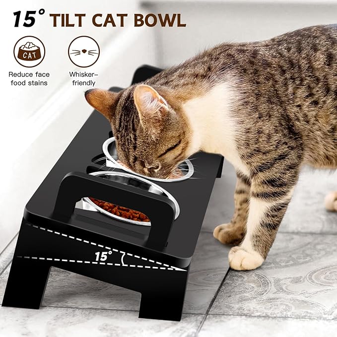 Bamboo Elevated Cat Bowls, 3 Stainless Steel Raised Cat Bowl with Stand, 15°Tilted Cat Feeding Station, Cat Food and Water Bowl Set for Small Cats and Puppy, Anti Vomitting, Whisker Fatigue (Black)