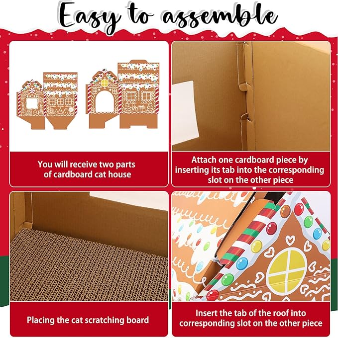 Christmas Gingerbread Cat House 16.5"x 13"x19" Christmas Cardboard Cat Scratcher House with Scratching Pad for Indoor Cats Kittens Large Cat Playhouse
