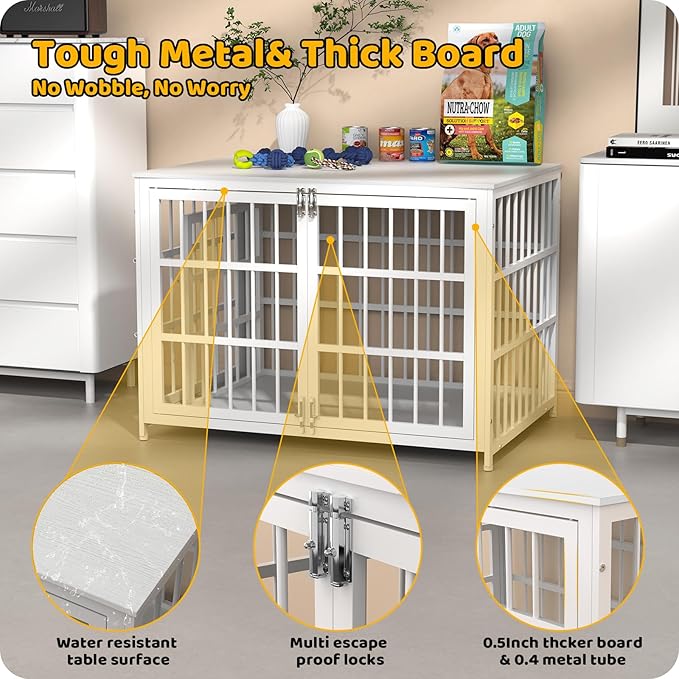 Heavy Duty Dog Crate Furniture – Indestructible Furniture Style Dog Kennel with Wooden Table Top, Escape-Proof Crate for High Anxiety Dogs, Decorative Indoor Pet House with Double Doors & Secure Locks
