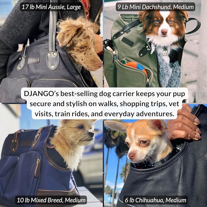 DJANGO Waxed Canvas & Leather Dog Carrier Tote Bag – Premium Soft-Sided Travel Dog Purse with Safety Leash, WR Lining, Zipper Pockets – Everyday Pet Carrier for Small Dogs up to 20 lbs (Navy, Large)