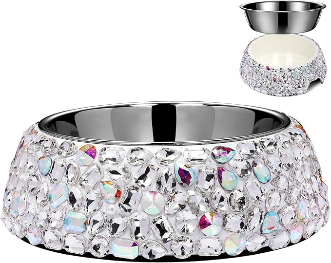 SlowVibes Bling Stainless Steel Dog Bowls,18oz Removable Diamond Metal Food Water Bowl for Feeding Dogs,Rust Resistant Non-Slip Puppy Dish,Sparkle Rhinestone Essentials for Medium Large Girl Pets
