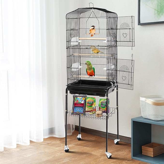 SUPER DEAL 59.3 Rolling Bird Cage Large Wrought Iron Cage for Cockatiel Sun Conure Parakeet Finch Budgie Lovebird Canary Medium Pet House with Rolling Stand & Storage Shelf
