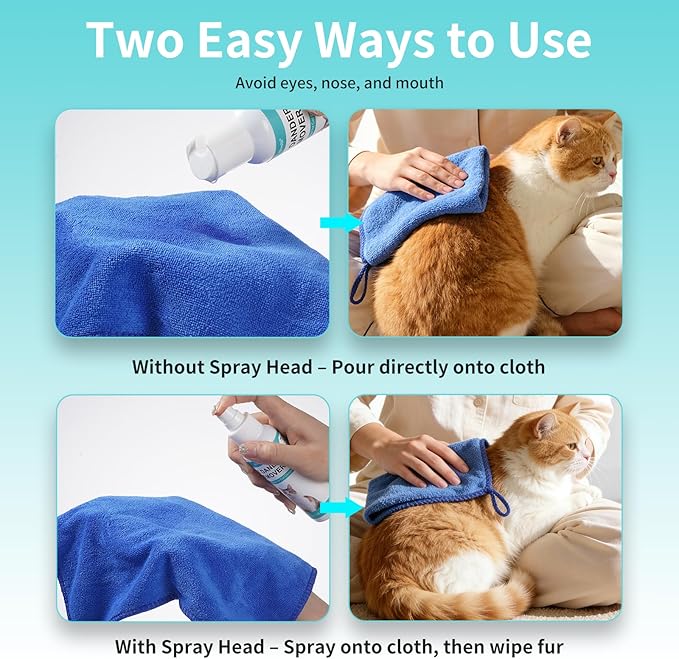 Cat Dander Remover Spray – Natural & Safe Allergy Relief for Cats & Humans, Relieves Itchy Skin & Reduces Dander – Includes 2 Spray Heads & Cleaning Cloth