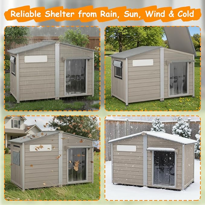 55"L Dog House Outdoor for Large Breed, XL Extra Dog House with Window Weatherproof Pet Shelter with Openable Asphalt Roof, Anti-Chewing Frame, Removable Floor,10 Support Feet for Medium to Large Dogs