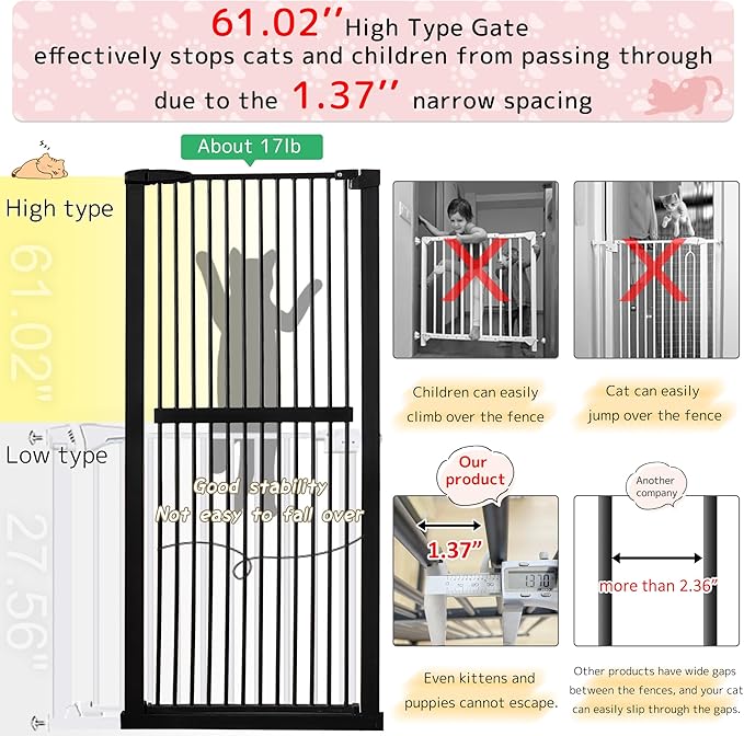 Lumizone Extra Tall Cat Gate 61.02" High Pressure Mounted Extra Wide 38.39"-59.24" (17Sizes) 1.37" Gap No Drilling Auto-Close Tall Pet Gate for Dogs (Black, 30.12"-59.24" W)