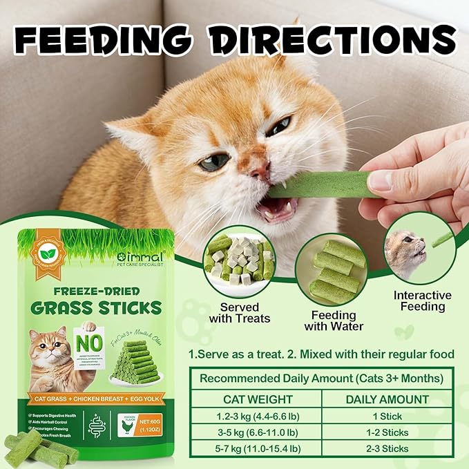 60g Cat Grass Stick, Freezed Dried Cat Grass Sticks Snacks for Teeth Cleaning and Hairball Removal, Natural Chicken Flavored