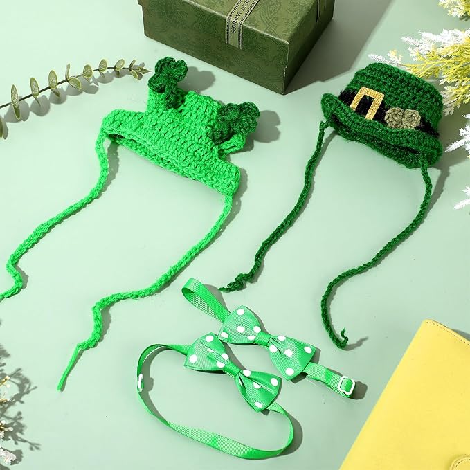 MTLEE 4 Pcs St Patrick's Day Pet Costume Accessories, 2 Pcs Shamrock Headband for Cat and 2 Pack Green Cat Neck Bow St. Patty's Day Top Hat with Ear Holes and Chin Straps Adjustable for Pets