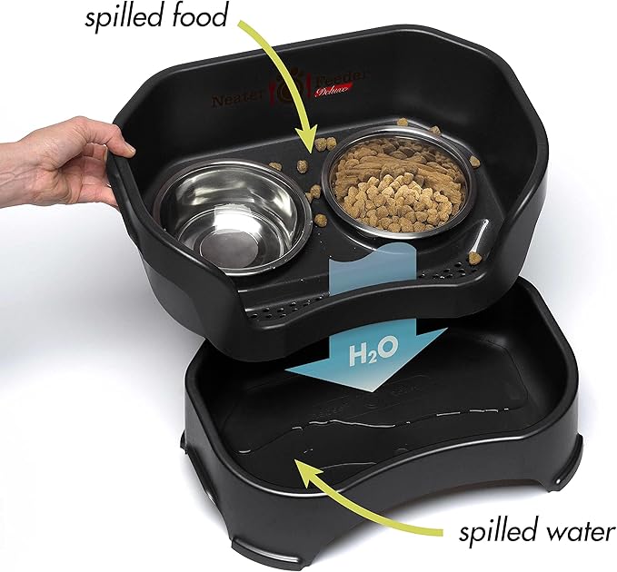 Neater Feeder Deluxe Mess Proof Cat Bowls Elevated for All Breeds – Made in USA – No Spill Raised Bowls for Indoor Cats – Stainless Steel Food and Water Bowl Set, Pet Dish Feeding Station, Black