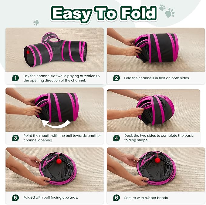 Love’s Cabin Cat Tunnel for Indoor Cats, 3-Way Collapsible Play Tunnel with Teaser Wand, Peek Holes & Toy Ball, Small Pet Toy for Kittens & Rabbits, Black & Rose Red, Small Size
